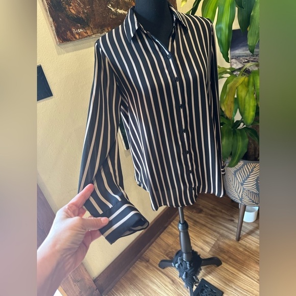 EUC FOREVER 21 beige and black stripe long sleeve button down shirt chiffon szS - Picture 3 of 8